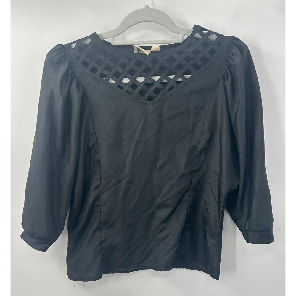Vintage Fritzi Black Puff Sleeve Top with Windowpane Neckline Satin Size S